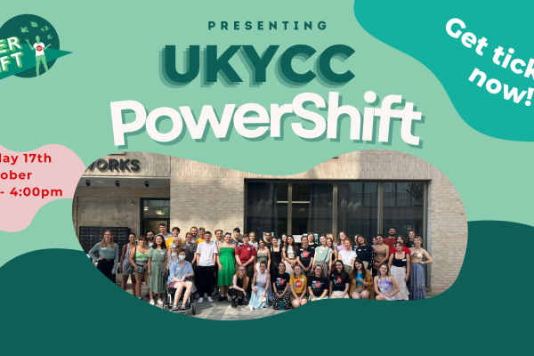 Graphic banner advertising UKYCC's 2026 Powershift event in London, with team photo in centre