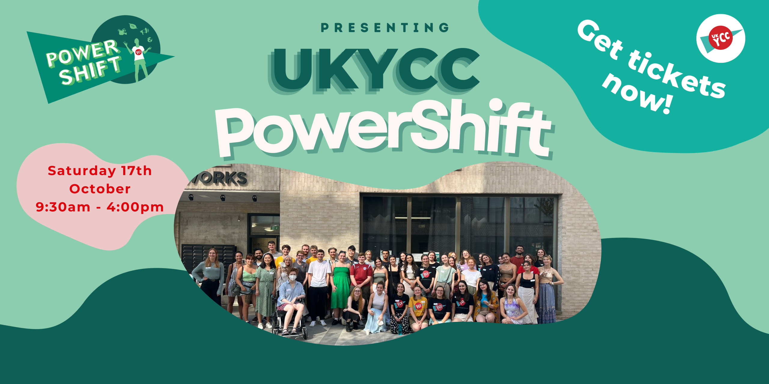 Graphic banner advertising UKYCC's 2026 Powershift event in London, with team photo in centre
